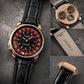 Men's Casino Roulette Dial Watch, Rose Gold Stainless Steel, Black Leather Strap