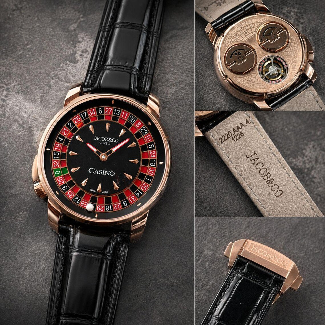 Men's Casino Roulette Dial Watch, Rose Gold Stainless Steel, Black Leather Strap