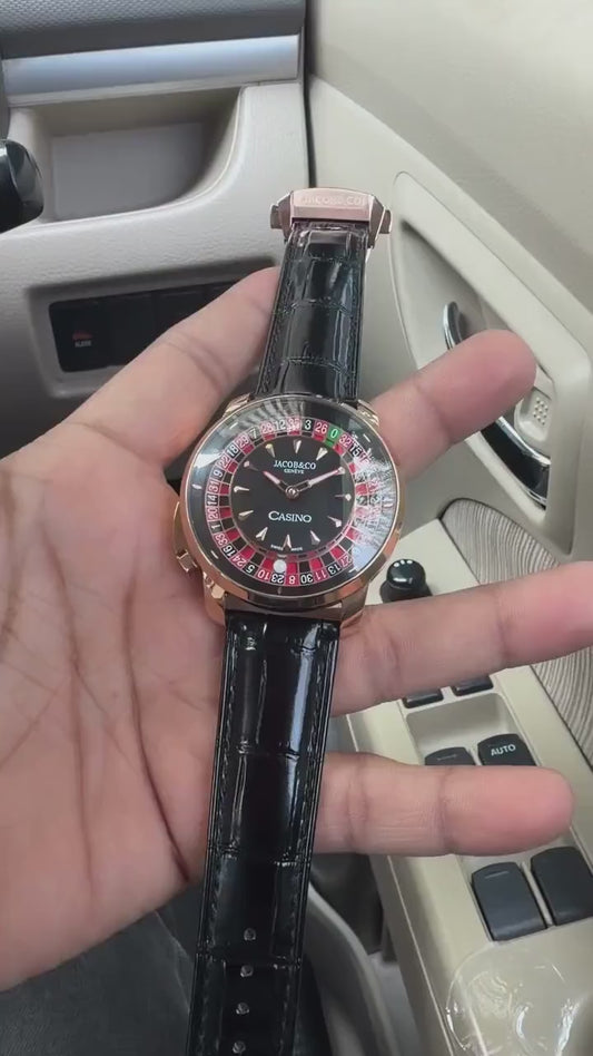 Men's Casino Roulette Dial Watch, Rose Gold Stainless Steel, Black Leather Strap