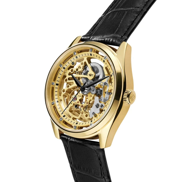 Motus | Silver-Tone Automatic Skeleton Watch With Black Leather Strap